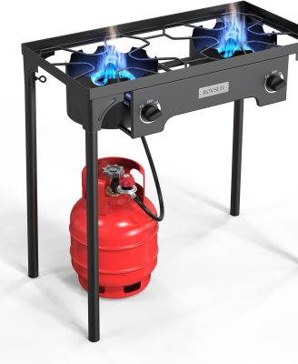 ROVSUN 2 Burner Outdoor Propane Gas Stove 150,000 BTU High Pressure Stand Cooker for Backyard Cooking Camping Home Brewing Canning Turkey Frying, 20 PSI Regulator